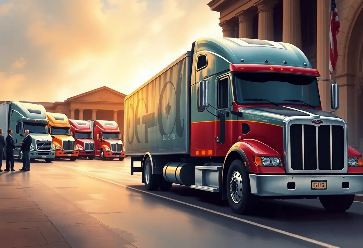 Courtroom scene of truck manufacturers in legal challenge