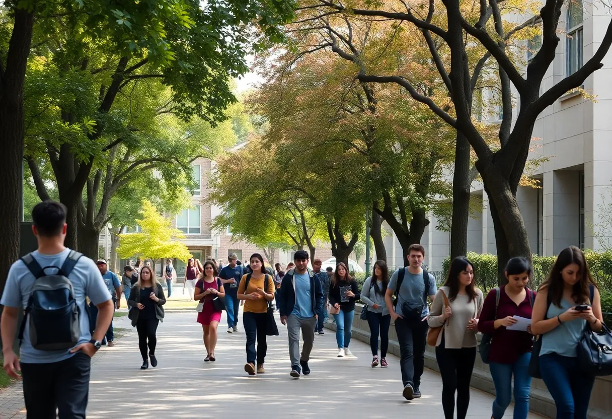 University campus with students and trees, representing academic tension.
