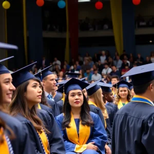 UCLA students celebrating graduation in caps and gowns