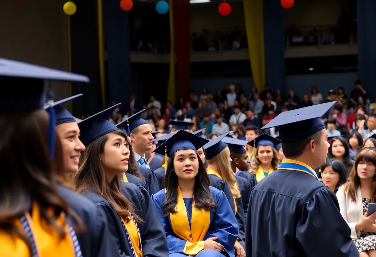 UCLA students celebrating graduation in caps and gowns