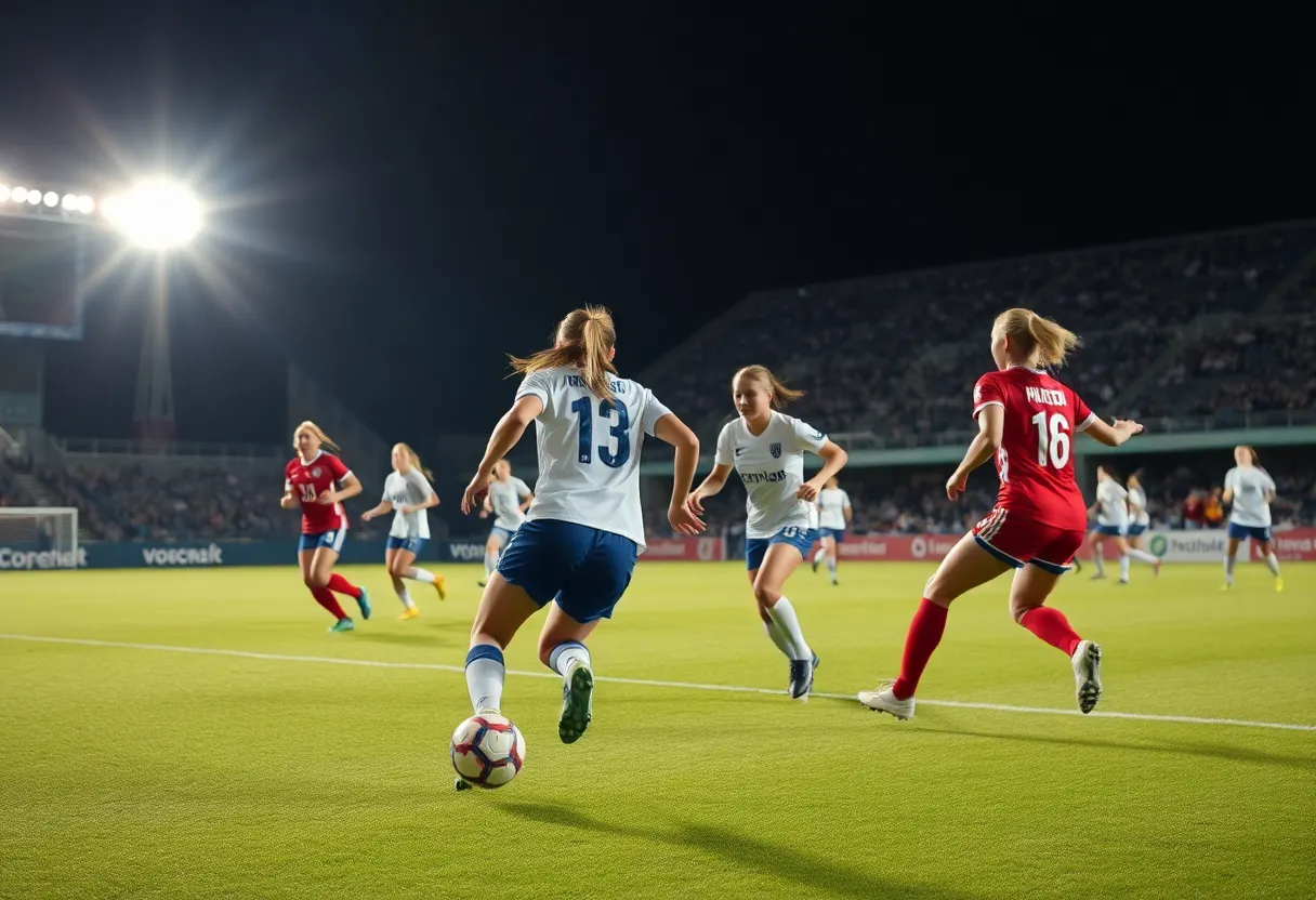 Players from UCLA women's soccer team in action during a match