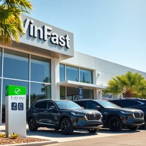 VinFast dealership exterior showcasing electric SUVs