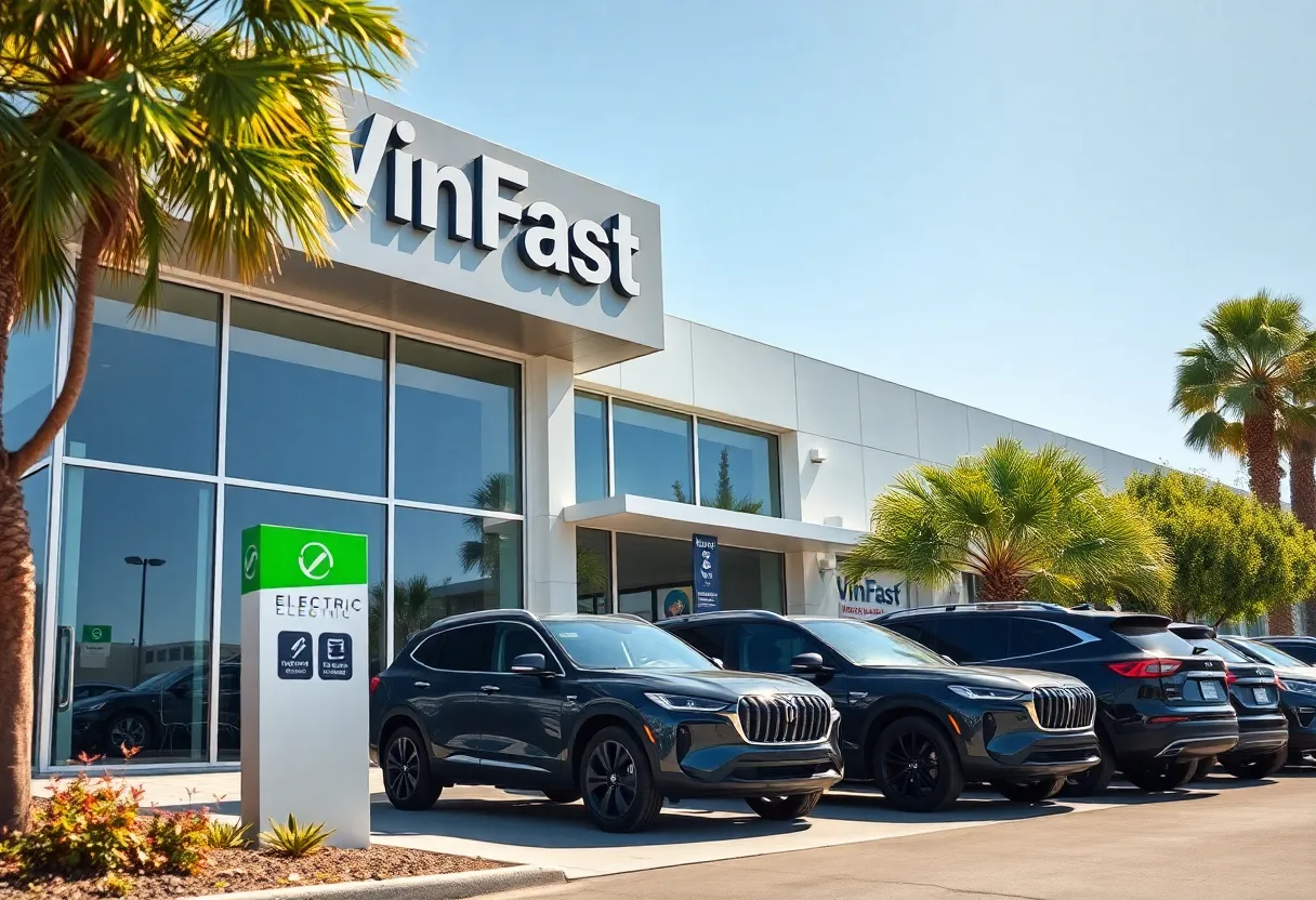 VinFast dealership exterior showcasing electric SUVs