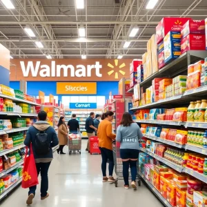 Interior view of a Walmart store with customers shopping