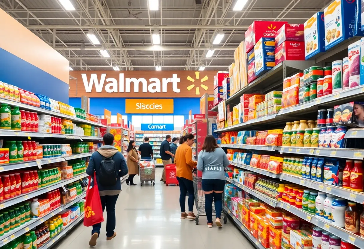 Interior view of a Walmart store with customers shopping