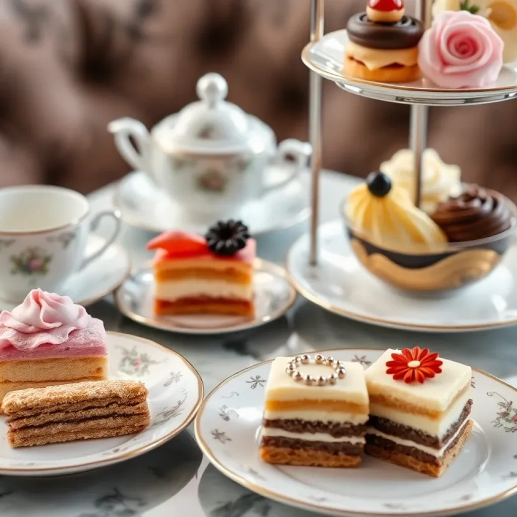 Afternoon tea display showcasing fashion-inspired pastries at The Maybourne