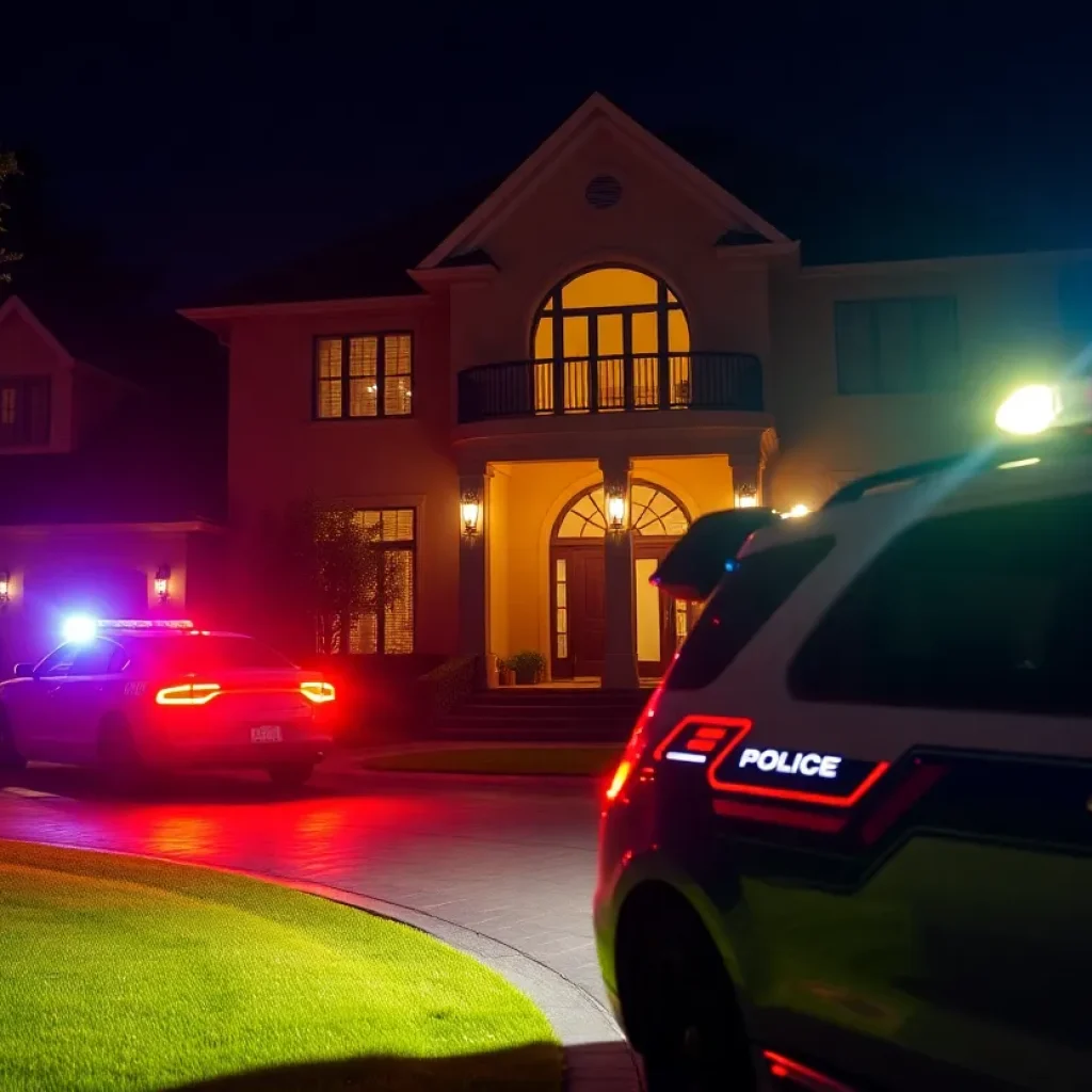 Luxury home in Beverly Hills with police presence outside at night