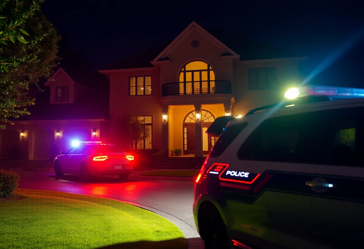 Luxury home in Beverly Hills with police presence outside at night