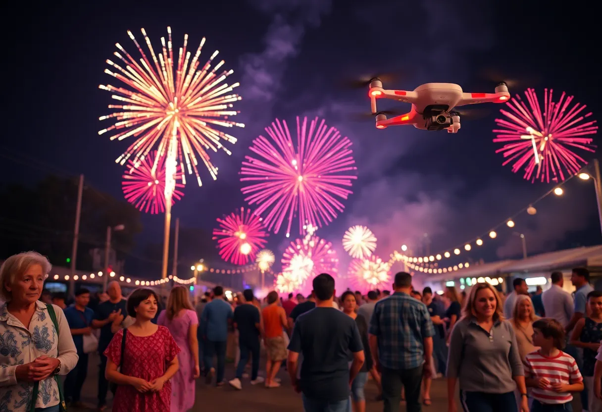 Families enjoying a festive celebration with drone displays instead of traditional fireworks in Beverly Hills.