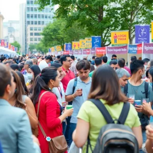 A bustling community event in Beverly Hills with attendees enjoying local cuisine and drinks.