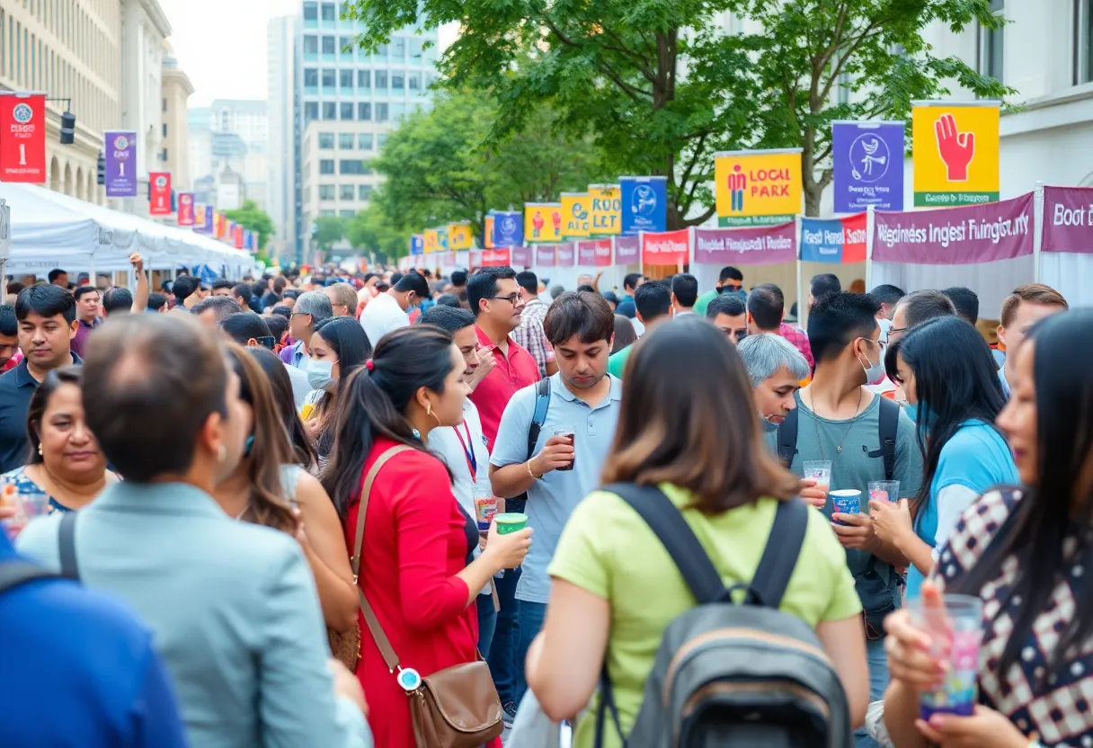 A bustling community event in Beverly Hills with attendees enjoying local cuisine and drinks.