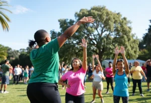Participants enjoying a wellness event in Beverly Hills' Roxbury Park.