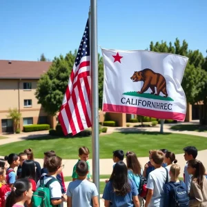 Flagpole with US and California flags at Beverly Hills School