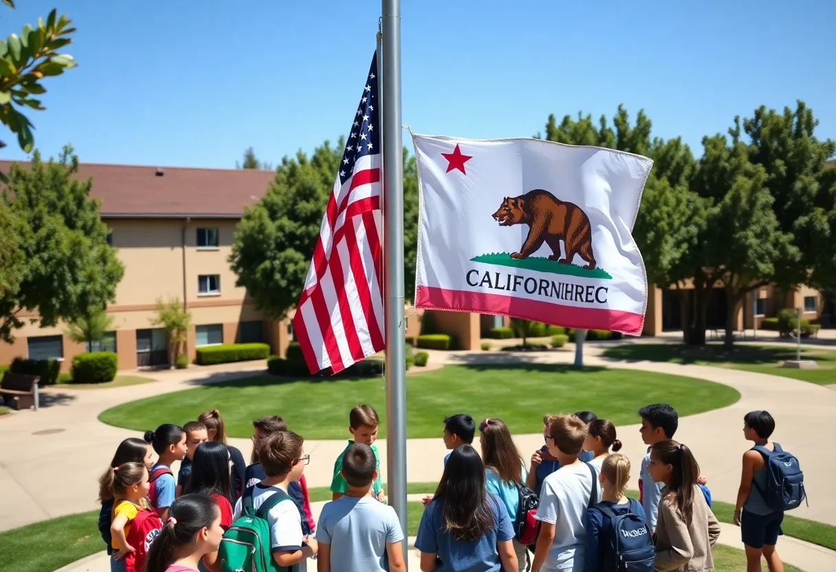Flagpole with US and California flags at Beverly Hills School