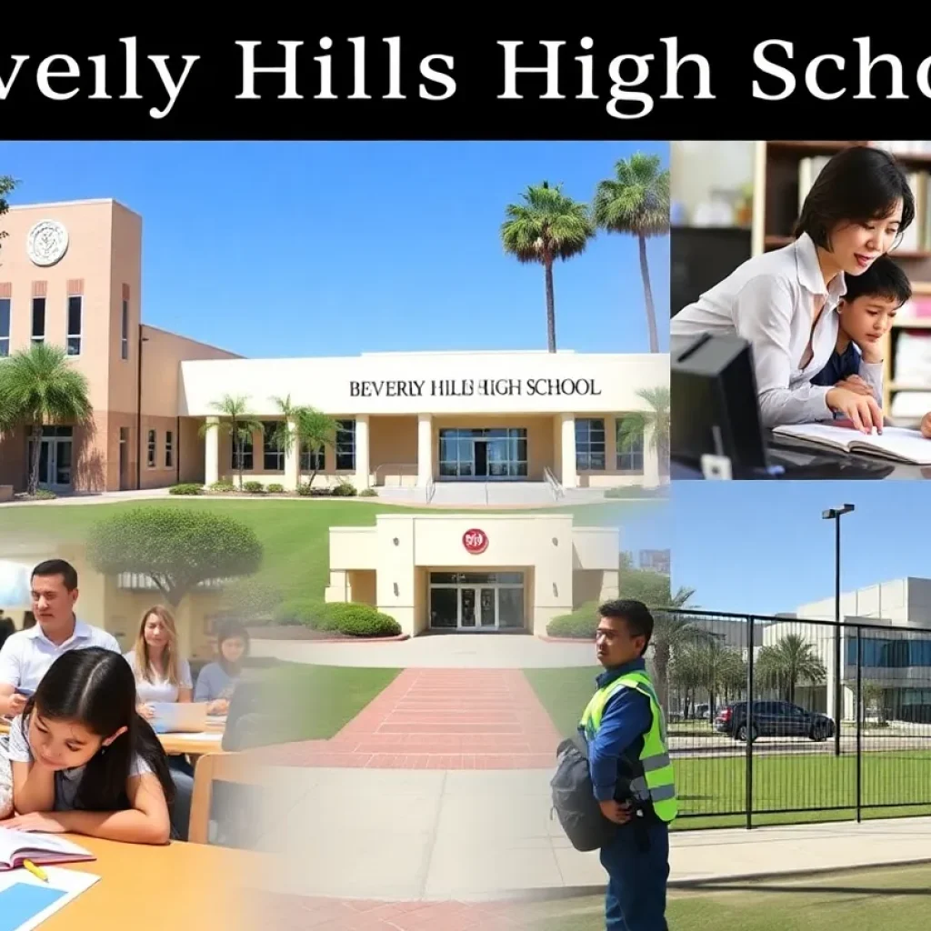 Campus of Beverly Hills High School with students learning.