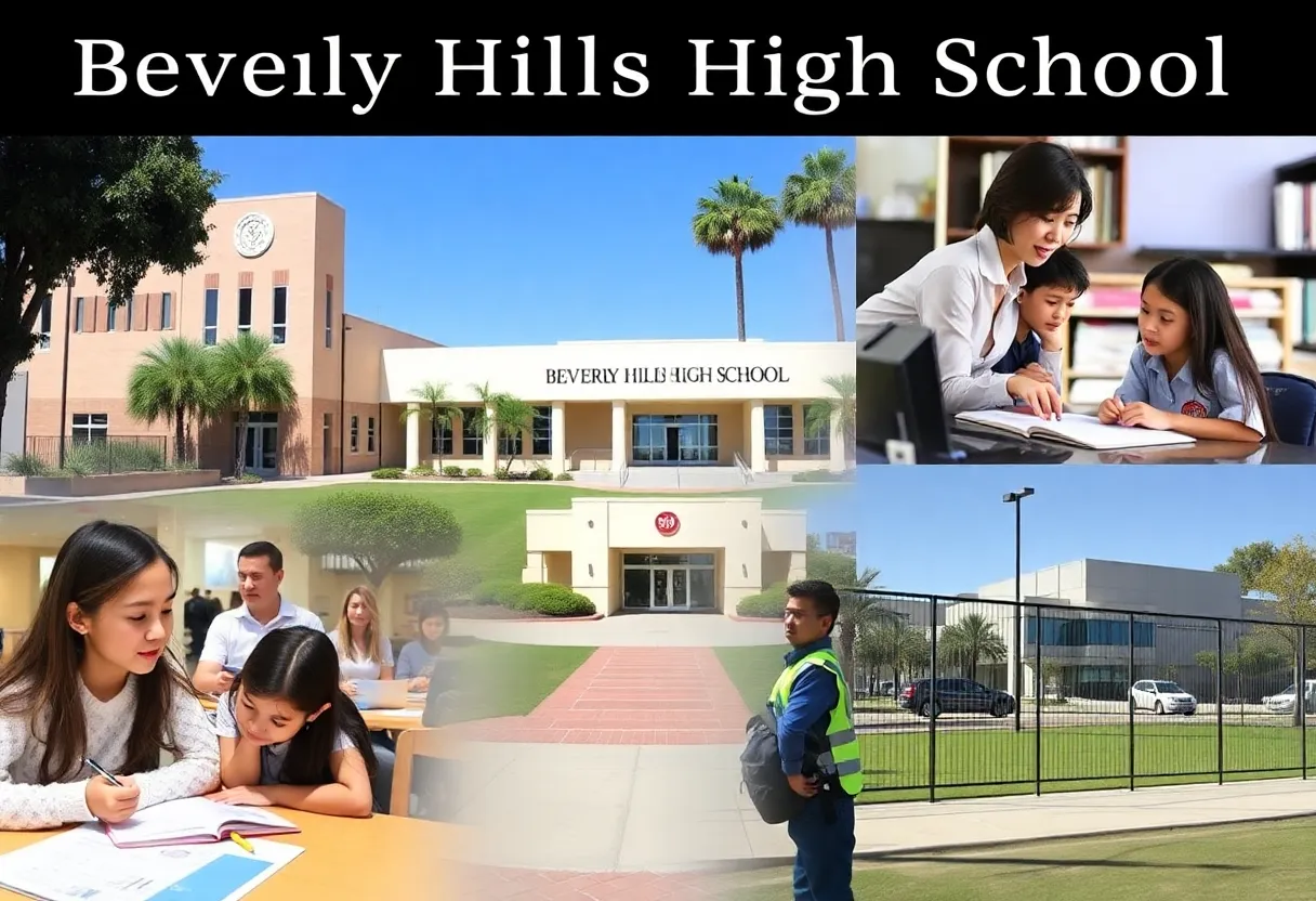 Campus of Beverly Hills High School with students learning.