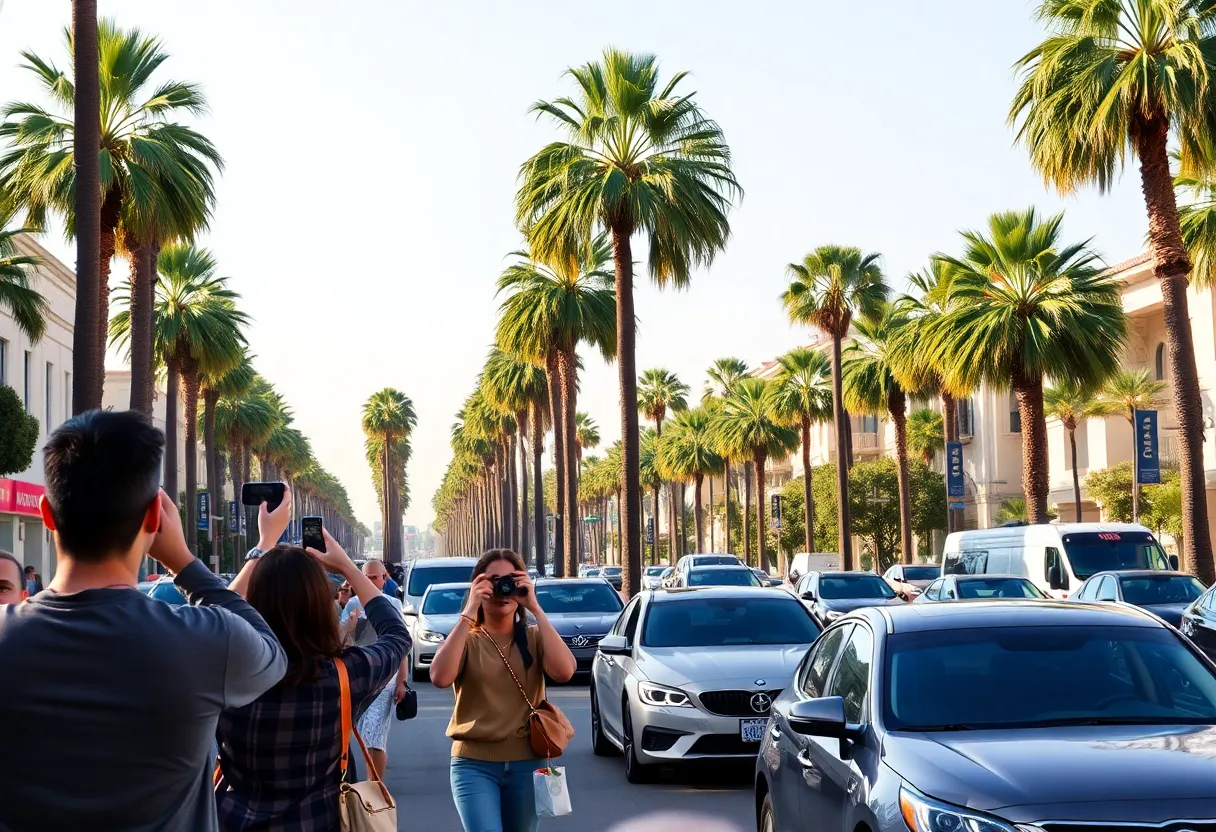 Tourists posing with palm trees in Beverly Hills