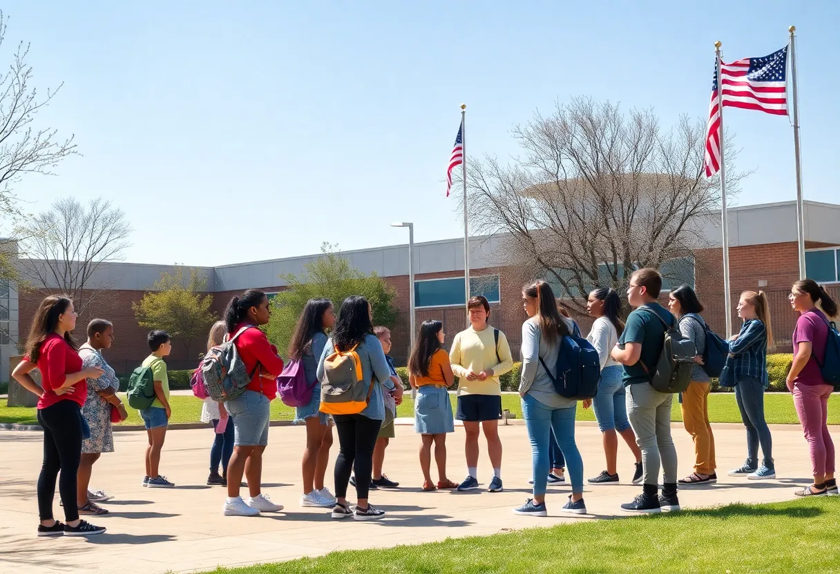 Students in a schoolyard with American and California flags