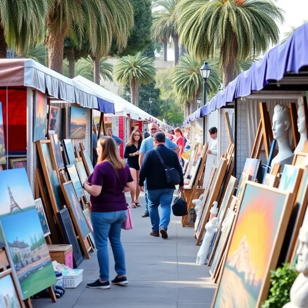 Artists showcasing their works at the Beverly Hills Art Show in Beverly Gardens Park.