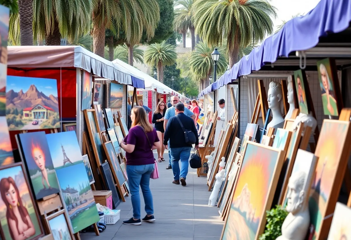 Artists showcasing their works at the Beverly Hills Art Show in Beverly Gardens Park.