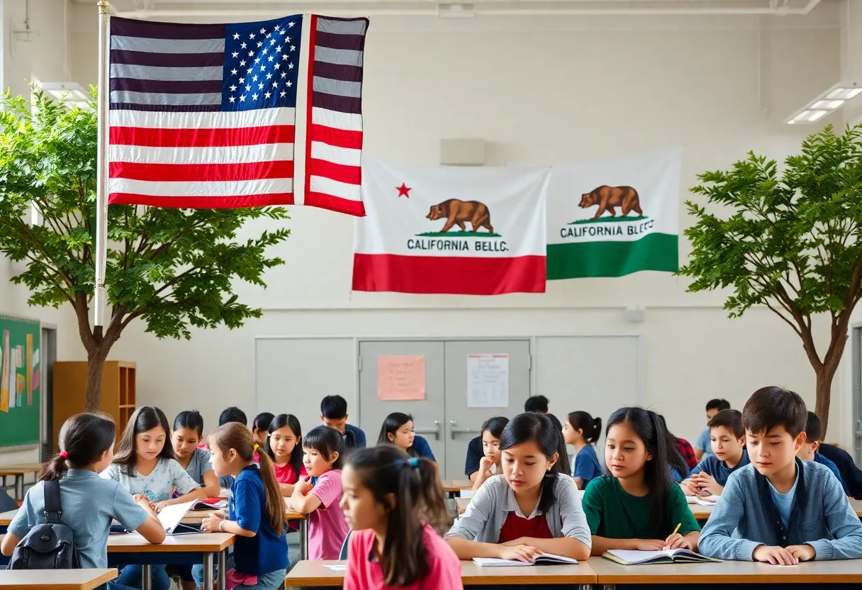 American and California flags displayed at a Beverly Hills school