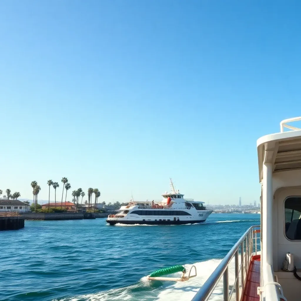 Ferry navigating the Los Angeles coastline