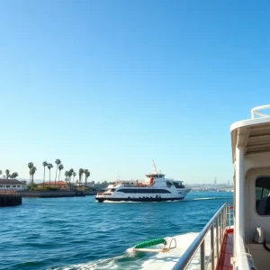 Ferry navigating the Los Angeles coastline