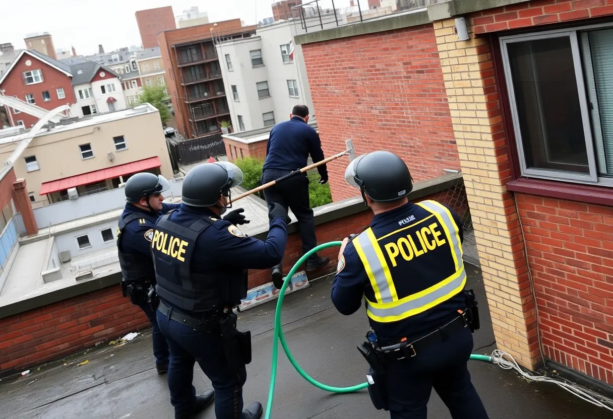 Police officers negotiating with a burglary suspect on a rooftop in Studio City