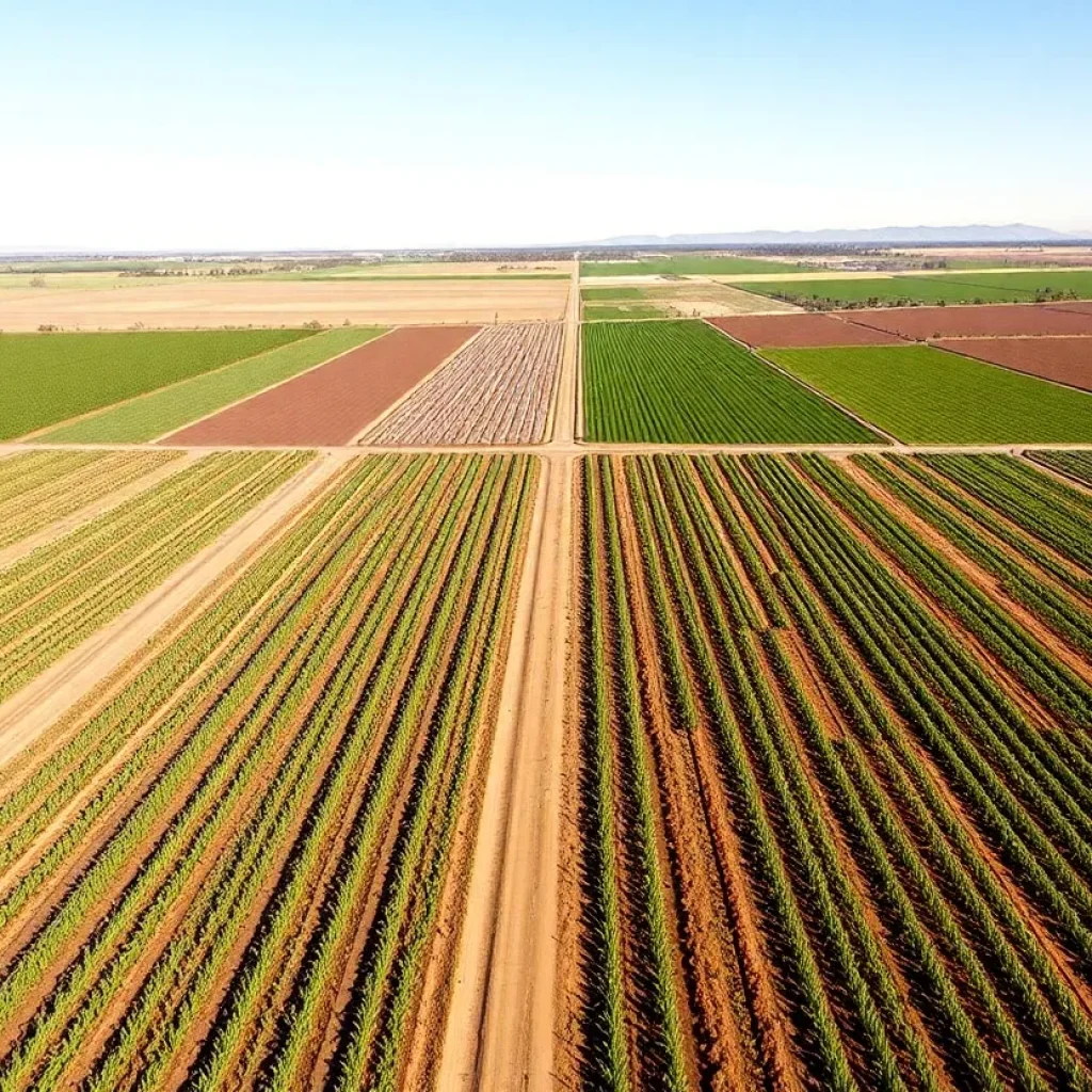 Aerial view of California farmland showcasing the struggles of agriculture.