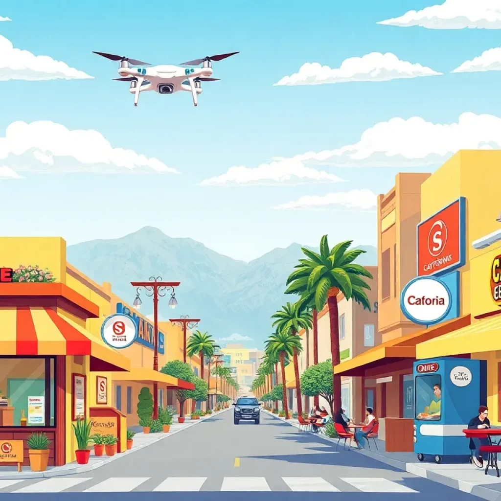 Illustration of California business changes with coffee shops and restaurants