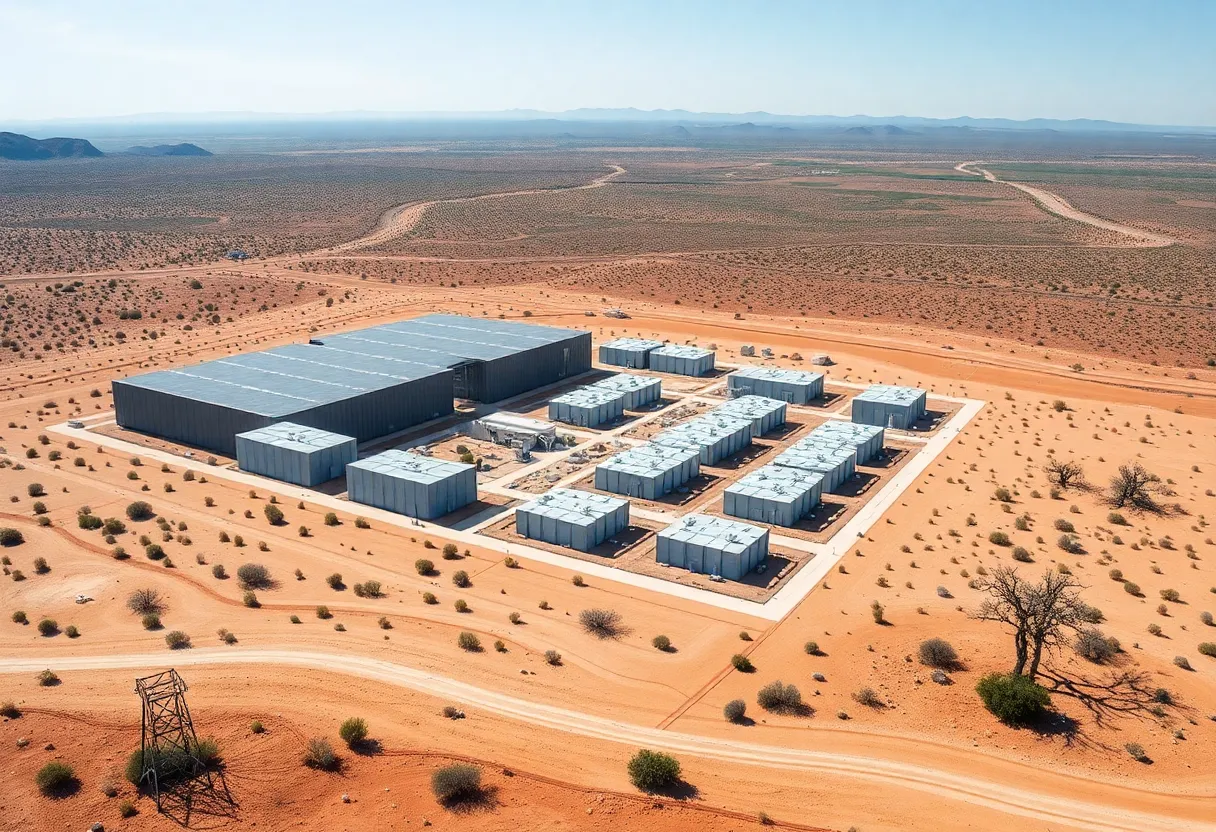 Aerial view of a large data center in California surrounded by desert.