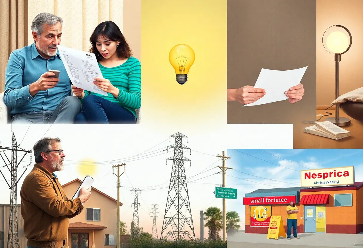 Illustration of rising electricity costs in California affecting families and businesses.