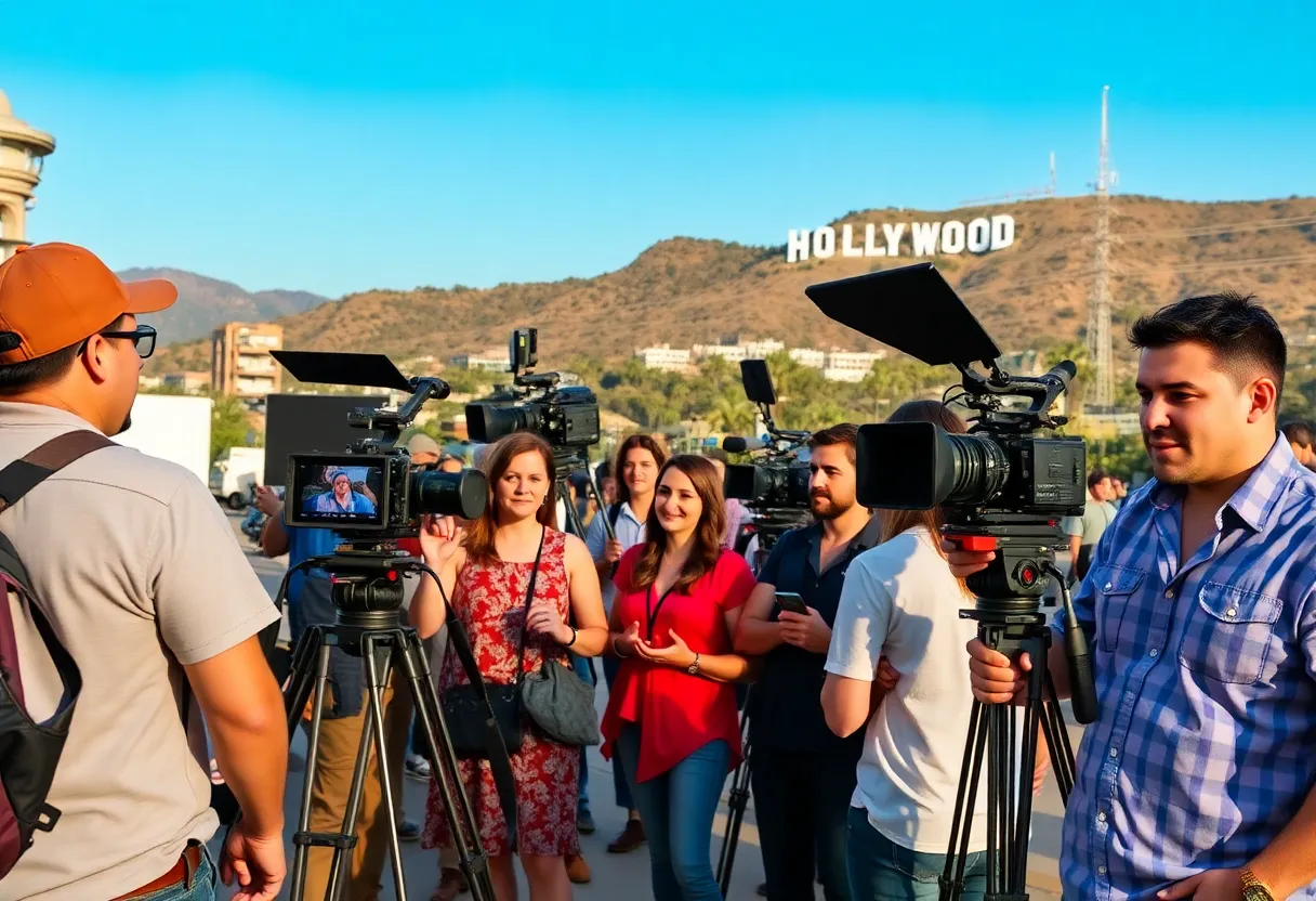 Crew working on a film set in California