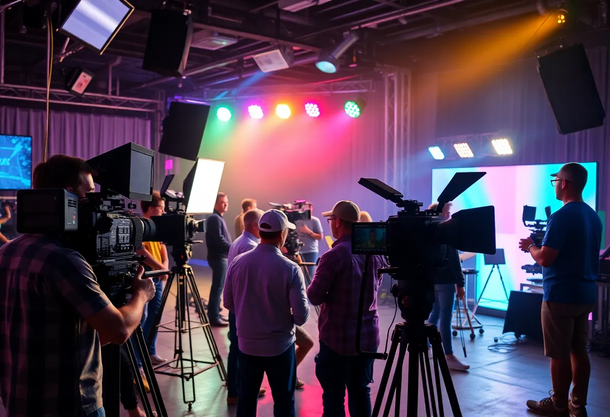 A film set in California bustling with crew members and filming equipment