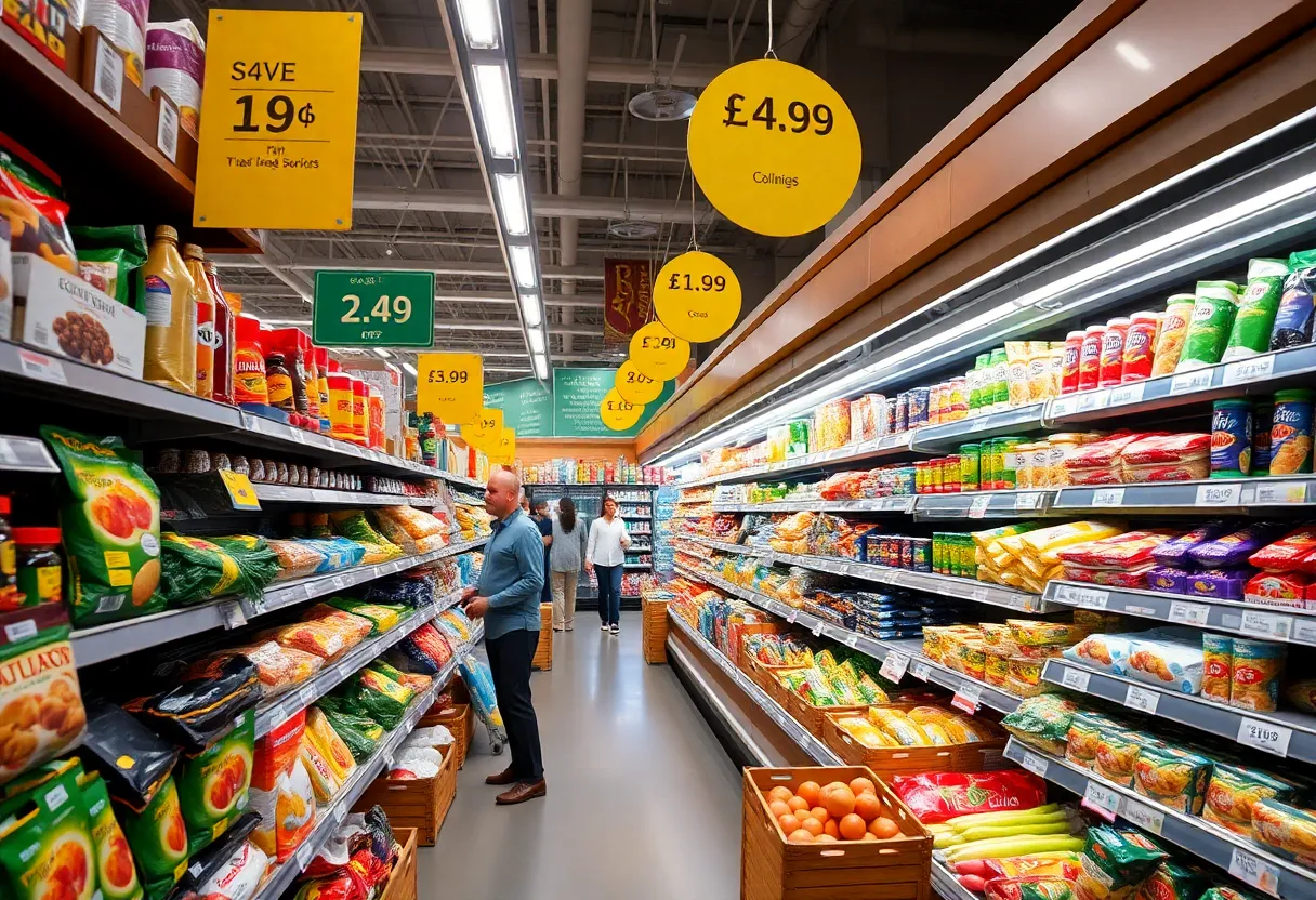 A grocery store in California with visible price increases on products.