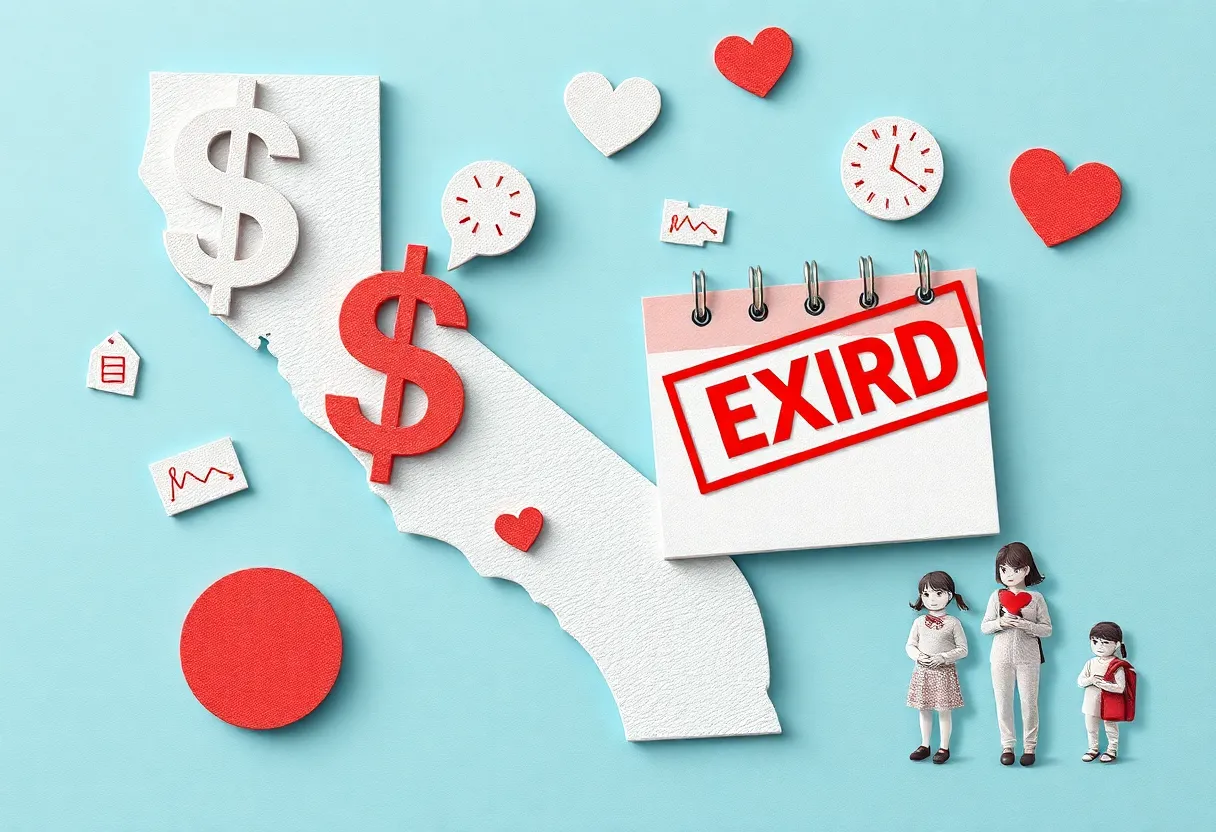 Visual representation of California health insurance crisis featuring broken dollar signs and worried families.