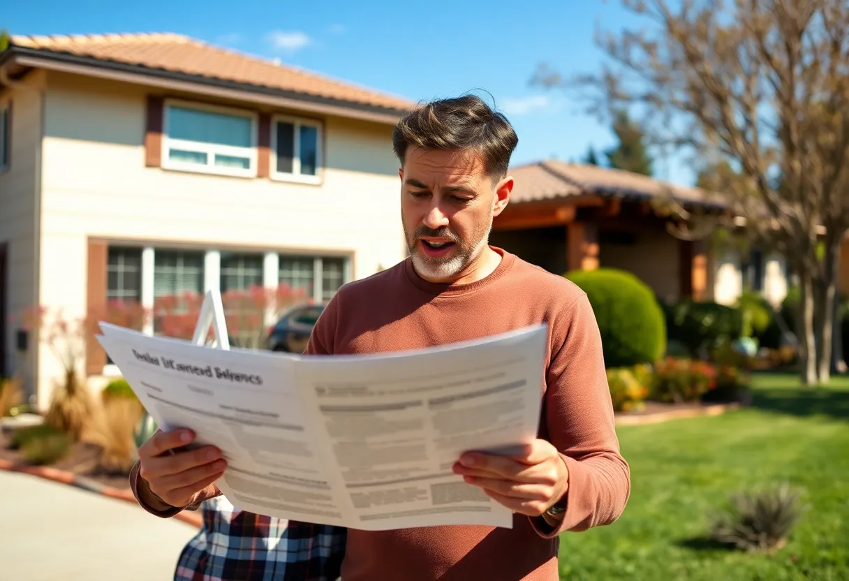 A homeowner in California looking through insurance paperwork with wildfire risks in the backdrop.