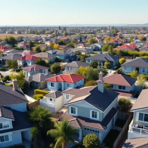 A suburban neighborhood in California with various styles of homes.