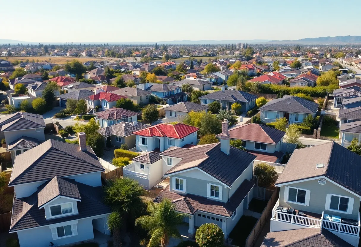 A suburban neighborhood in California with various styles of homes.