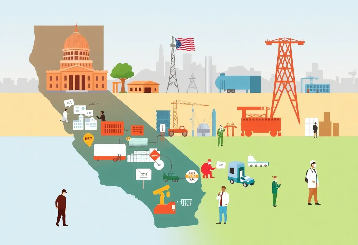 Illustration of California job market issues showcasing various industries and employment shifts