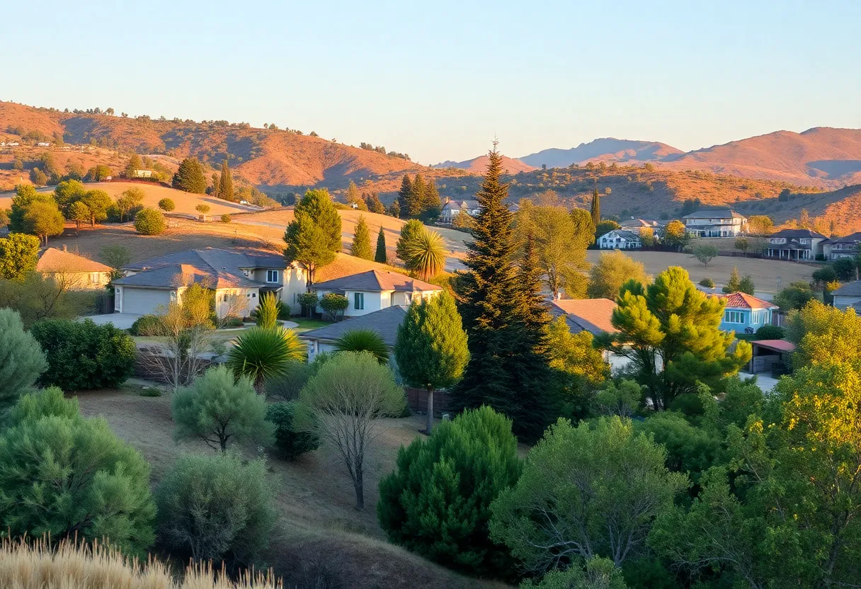 A peaceful view of homes in California, highlighting the need for insurance coverage in wildfire areas.