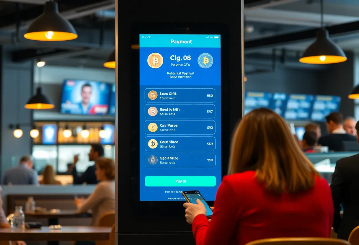 Patrons using cryptocurrency payment options at a restaurant