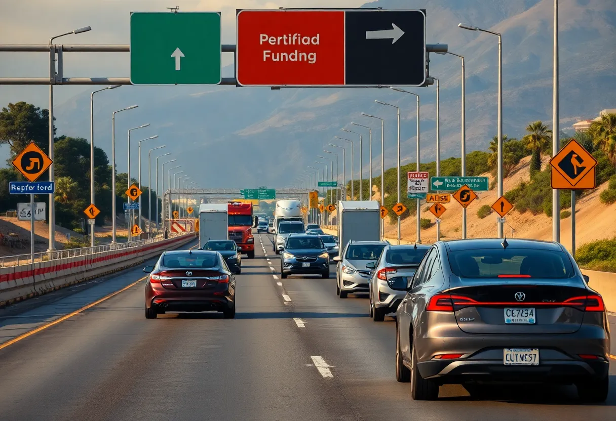 California highway with electric vehicles and road repair signs