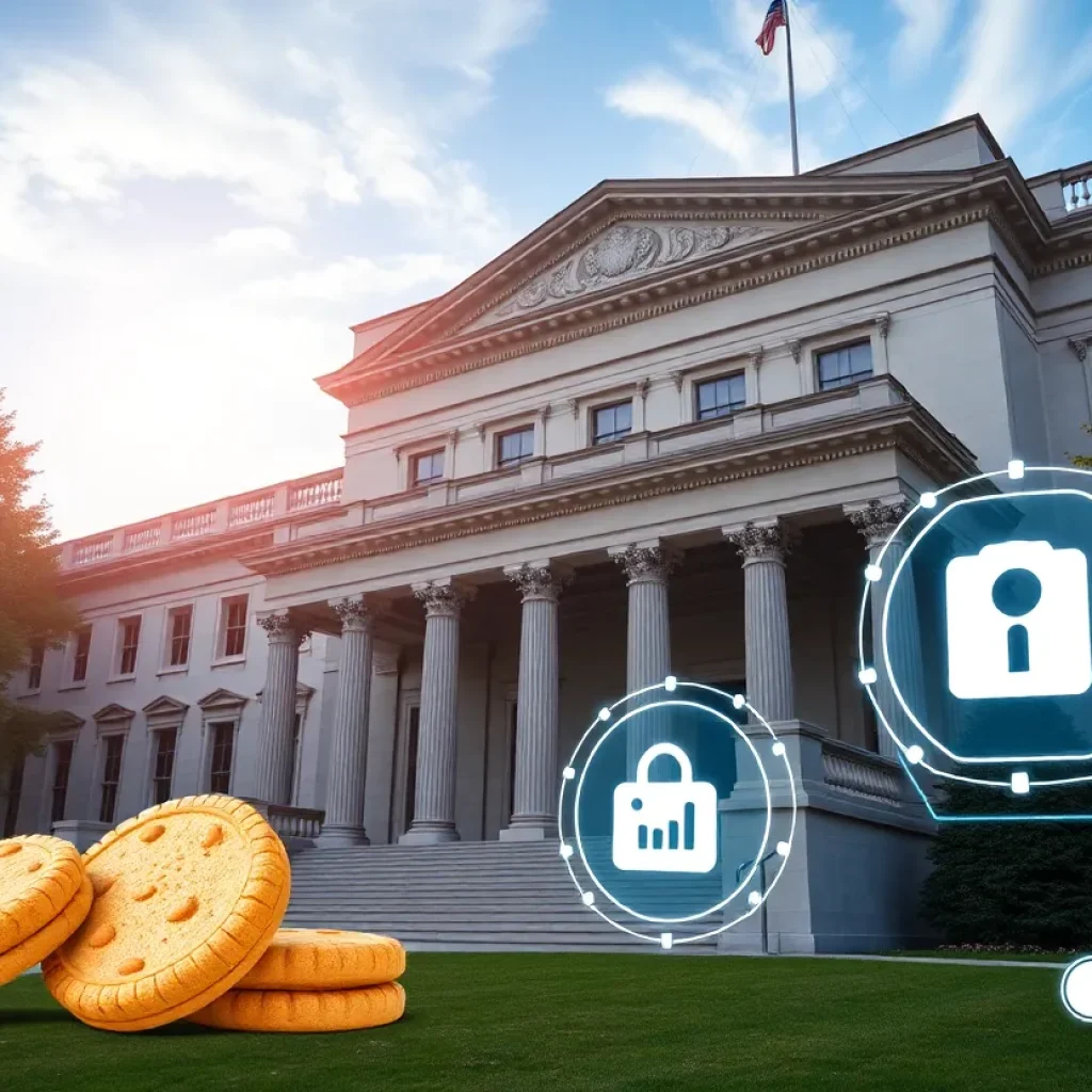 California Senate building with digital tracking symbols