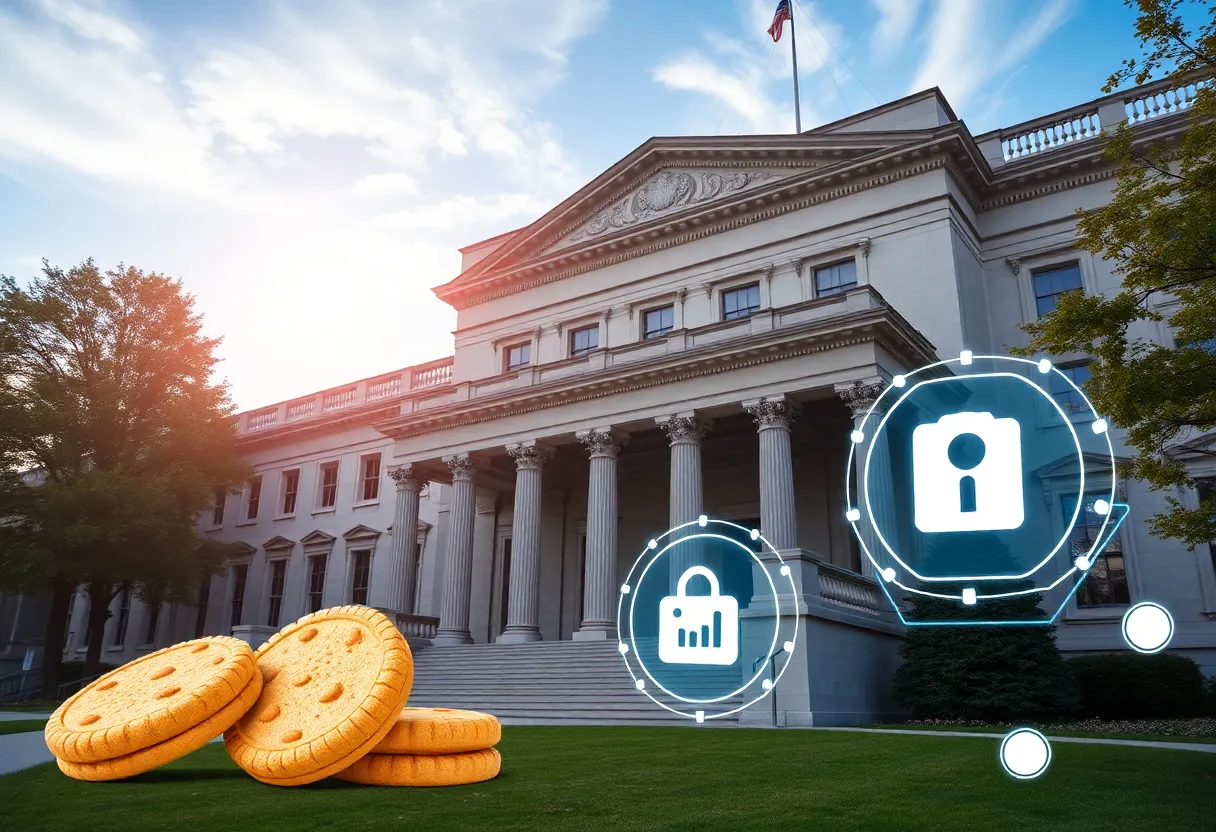 California Senate building with digital tracking symbols