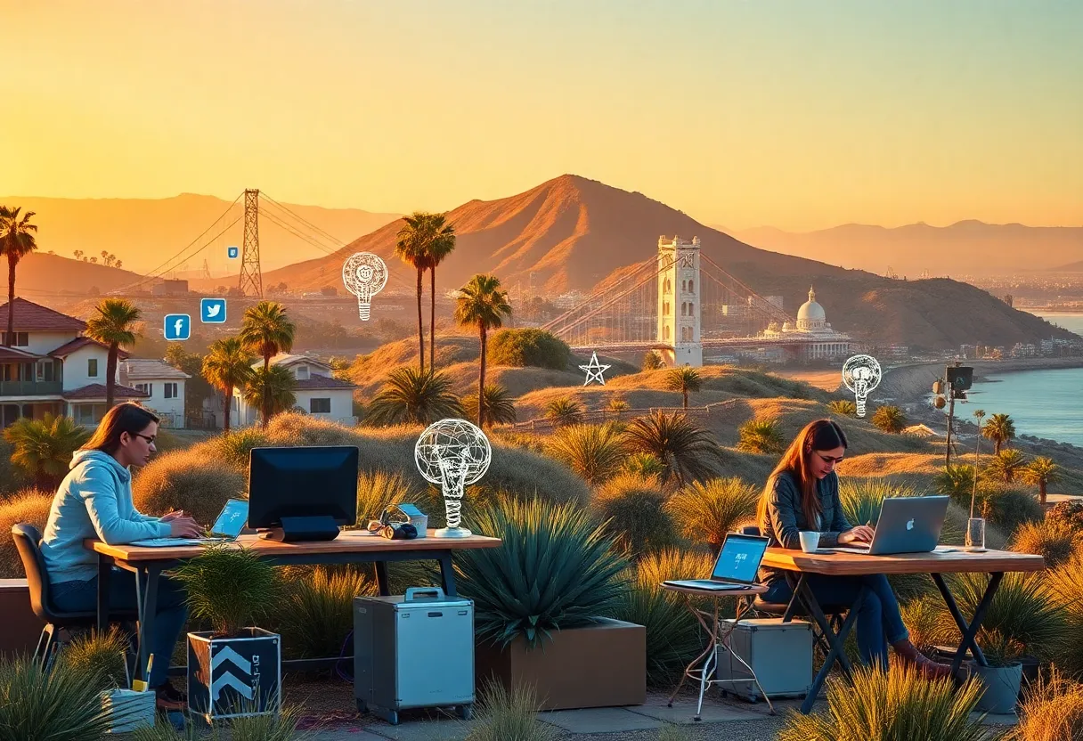A representation of solopreneurs in California amidst a backdrop of technology and creativity.
