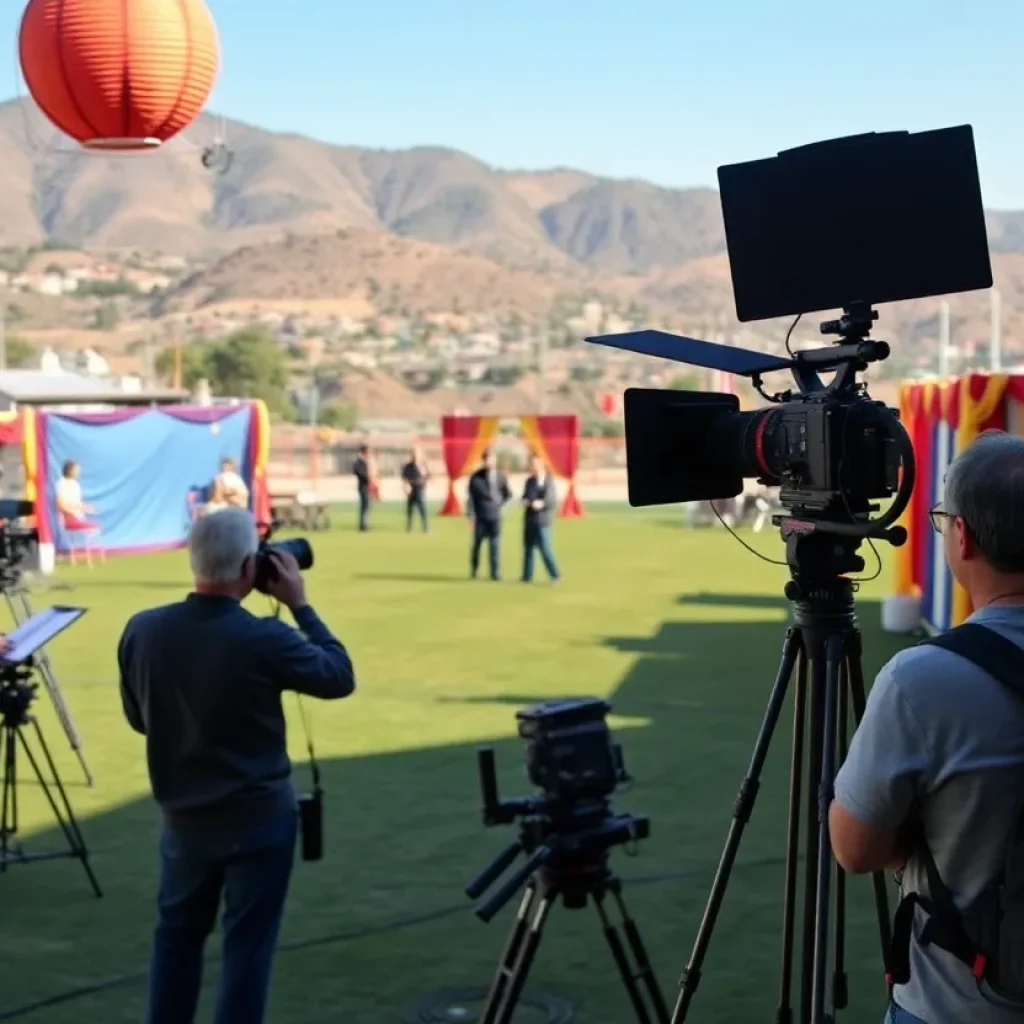 Outdoor set of a television production in California with crew members in action.