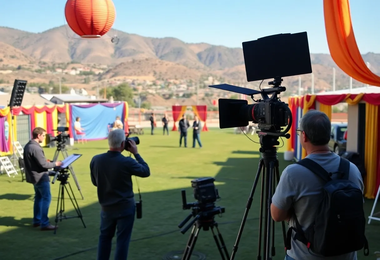 Outdoor set of a television production in California with crew members in action.