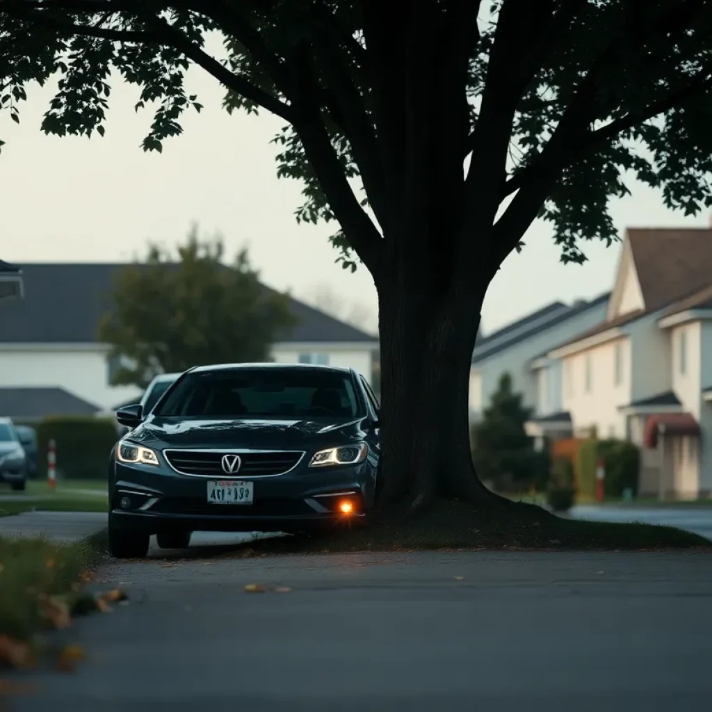 A parked car in a residential area highlighting child safety concerns.