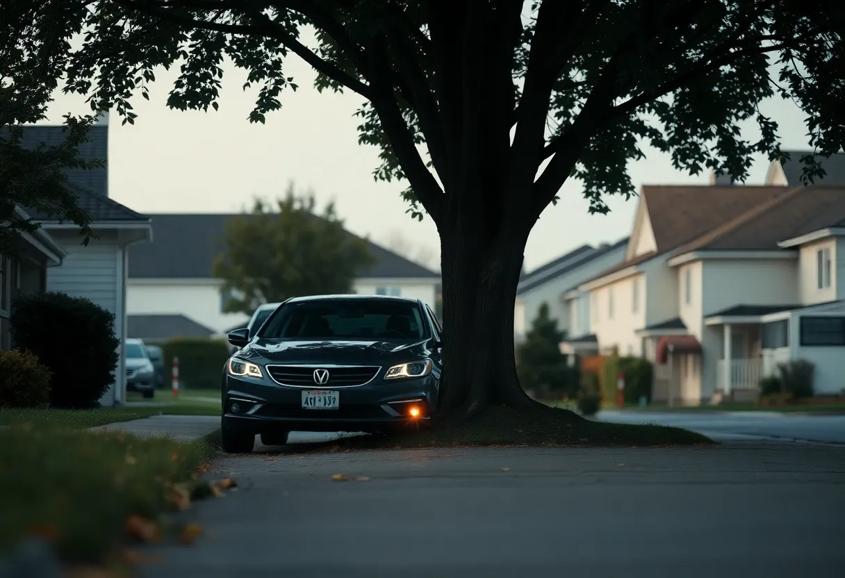 A parked car in a residential area highlighting child safety concerns.
